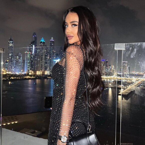 Nightclub Sexy Dress See-Through Mesh Long Sleeve Fishnet Sheer Dress Black - Picture 5 of 7